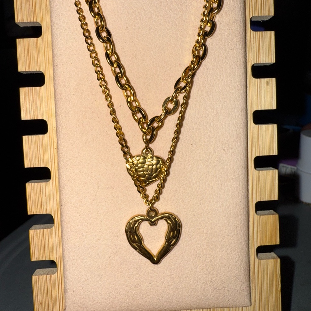 Gold Stainless Steel Double Chain Heart Necklace WILL NOT TARNISH